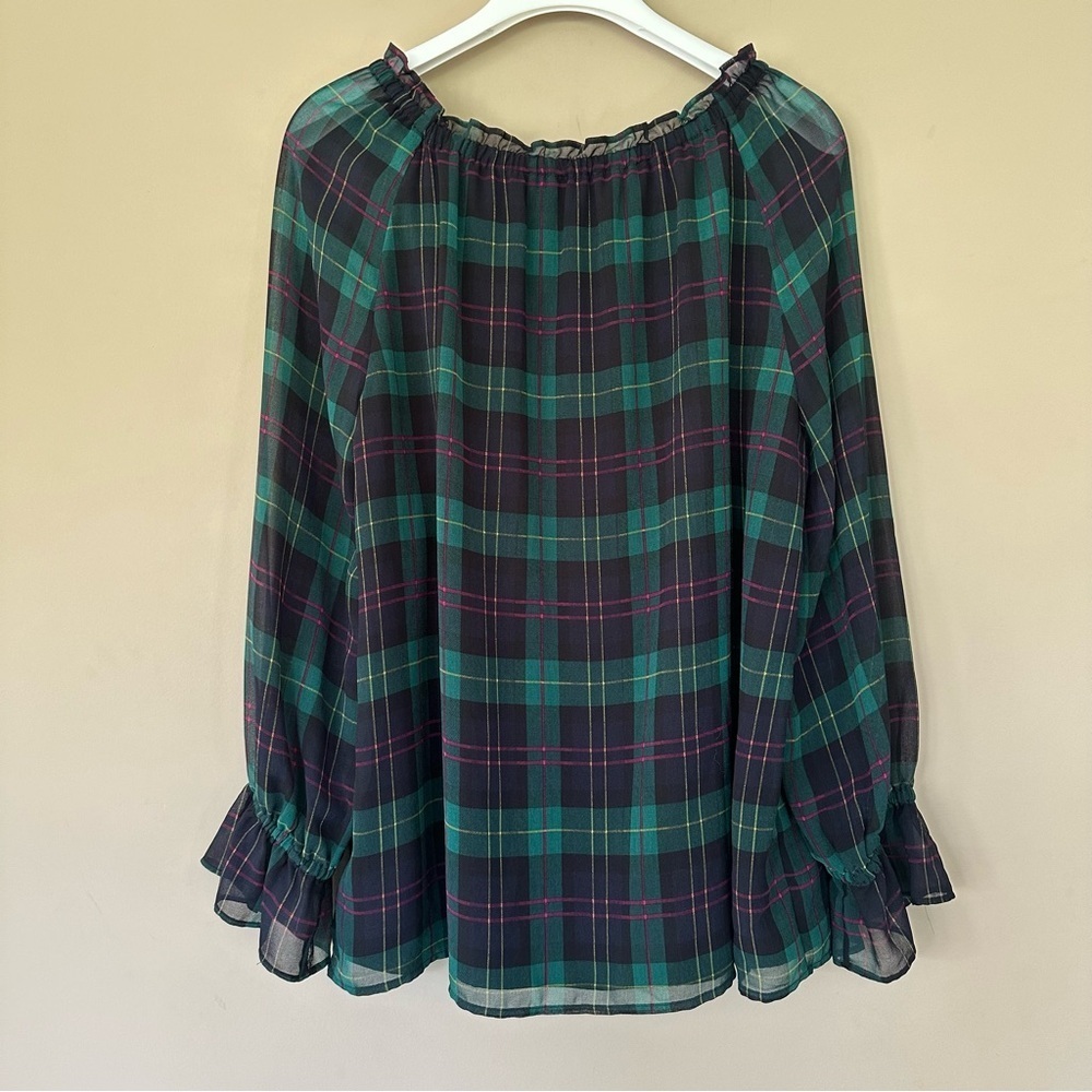 Talbots Tartan Plaid Bell Sleeve Top Women L Blouse Navy Green Ruffle Poet Sleev - Picture 10 of 13